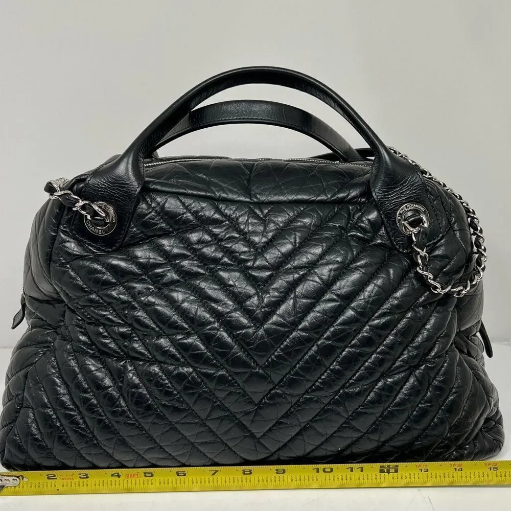 Chanel Soft Bowling Bag Chevron Aged Claf Skin Large Bag